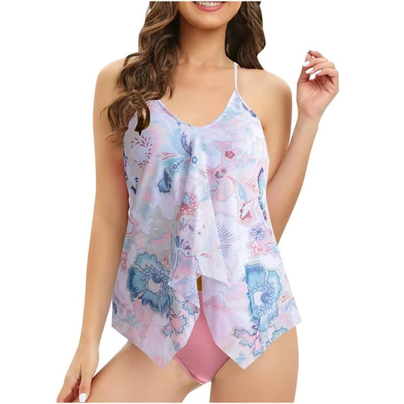 up to 60% off Gifts Wycnly Two-Piece Swimsuits for Women Summer Irregular Hem Juniors Swimsuits Bathing Suits Sleeveless V-Neck Tie-Dye Print Swimwears Pink L