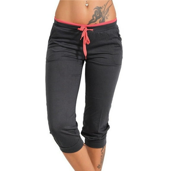 up to 60% off Gifts wycnly Capris for Women Casual Elastic Waist Drawstring Stretchy Cropped Pants Plus Size Solid Slim Sports Workout 3/4 Trousers with Pocket Black l