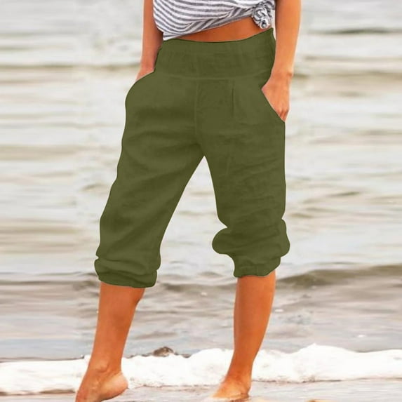 up to 60% off Gifts wycnly Cropped Trousers for Women Casual Solid Cotton Linen 3/4 Pants Summer Elastic Waist Straight Pants with Pocket Army Green XL