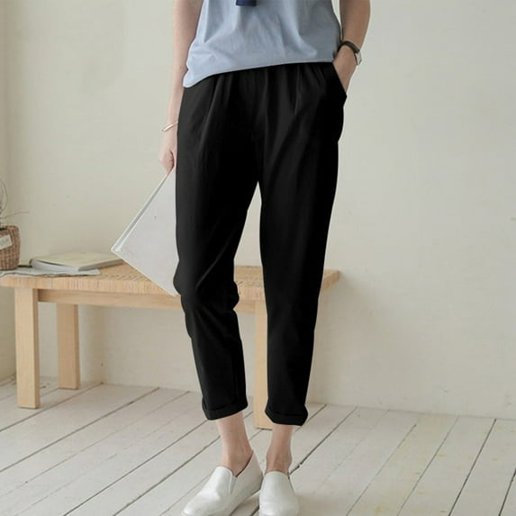 up to 60% off Gifts wycnly Cropped Trousers for Women Casual Solid High Waist Plus Size Sports Sweatpants Breathable Comfy Cotton Linen Loose Straight Leg Pocket Pants Black m