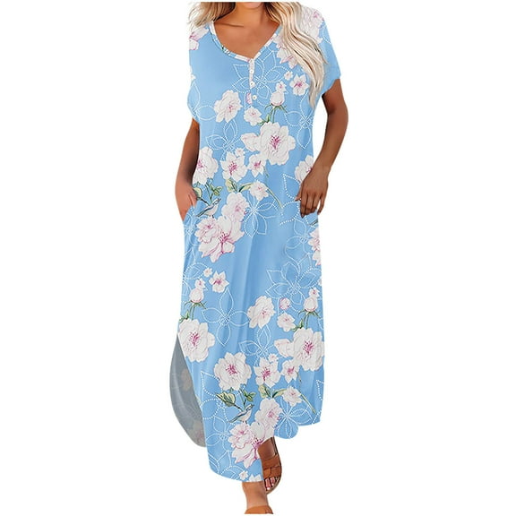 up to 60% off Gifts wycnly Formal Dresses for Women Loose Button up Irregular Slit Vintage Long Dresses with Pocket V-Neck Short Sleeve Floral Print Summer Maxi Dress Light Blue m