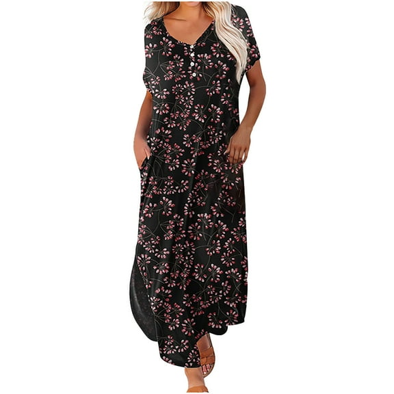 up to 60% off Gifts wycnly Formal Dresses for Women Loose Button up Irregular Slit Vintage Long Dresses with Pocket V-Neck Short Sleeve Floral Print Summer Maxi Dress Pink m