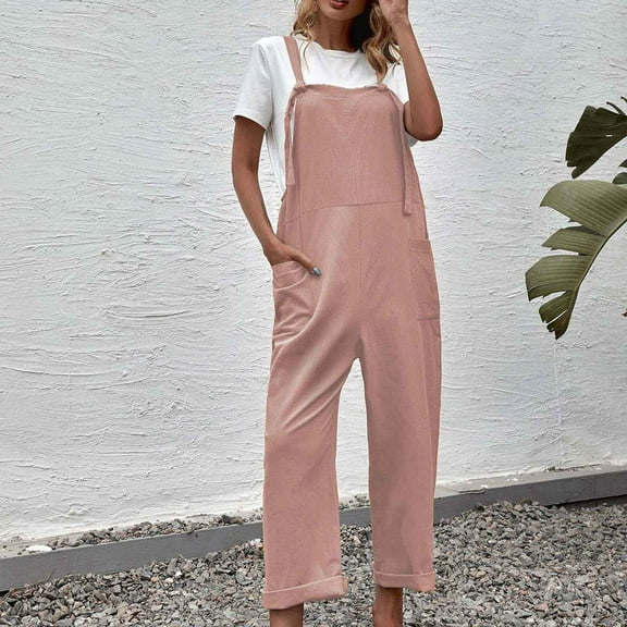 up to 60% off Gifts wycnly Jumpsuits for Women Dressy Vintage Cotton Linen Loose Pocket Strap Long Jumpsuits Overalls Summer Square Neck Sleeveless Solid Maxi Formal Rompers Pink s