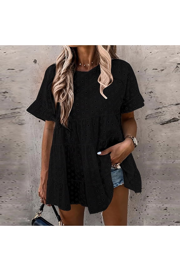 up to 60% off Gifts wycnly Shirts for Women Beach Sexy Hollow out Loose Ruffle Swing Tunic Tee Tops Summer Trendy Solid Short Sleeve Crewneck Ladies Blouses Black XXXL