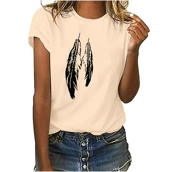 up to 60% off Gifts wycnly Shirts for Women Plus Size Casual Basic Fit Breathable Tee Tops Summer Trendy Feather Print Short Sleeve Round Neck Ladies Blouses Khaki s