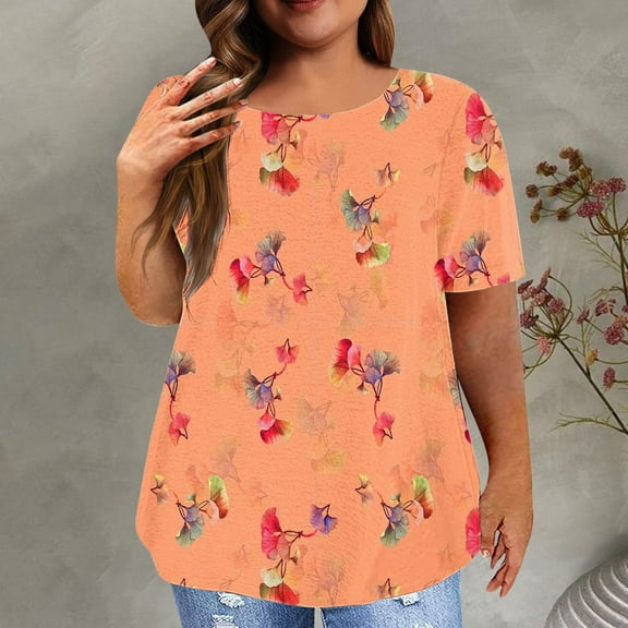 up to 60% off Gifts wycnly Shirts for Women Plus Size Fashion Lightweight Tunic Tee Tops Summer Trendy Marbled Print Short Sleeve Round Neck Ladies Blouses Orange XXL