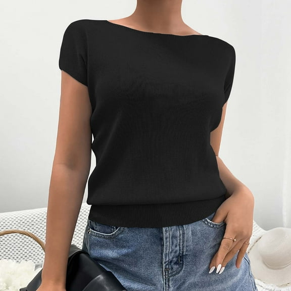 up to 60% off Gifts wycnly Shirts for Women Soft Cozy Knitted Ribbed Casual Slim Fit Tee Tops Summer Trendy Solid Short Sleeve Crewneck Ladies Blouses Black Free Size