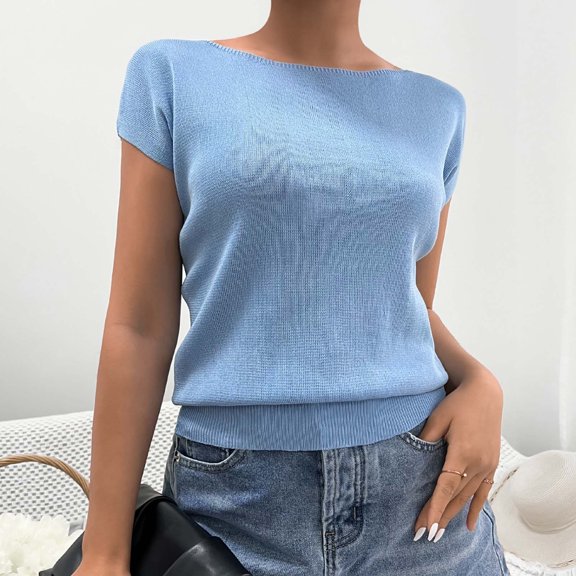 up to 60% off Gifts wycnly Shirts for Women Soft Cozy Knitted Ribbed Casual Slim Fit Tee Tops Summer Trendy Solid Short Sleeve Crewneck Ladies Blouses Blue Free Size