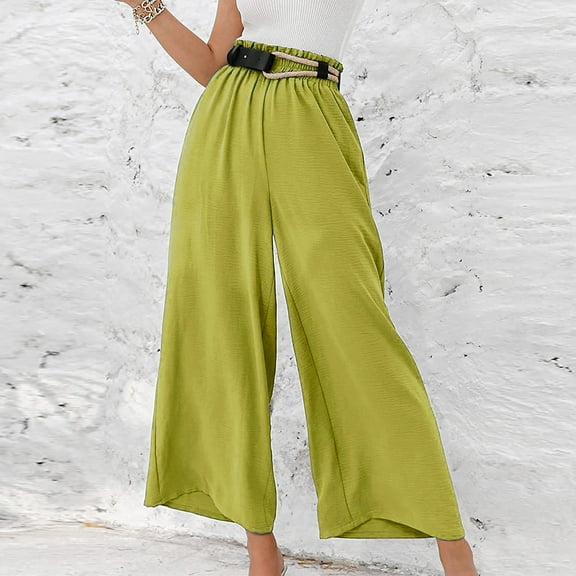 up to 60% off Gifts wycnly Womens Cotton Linen Trousers Casual Solid Plus Size Loose Wide Leg Long Pants Elastic Waist Breathable Pocket Pants with Belt Green XXL