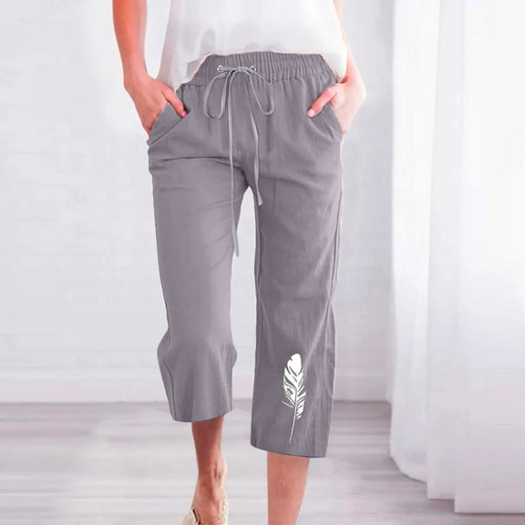 up to 60% off Gifts wycnly Womens Drawstring Elastic Waist Cropped Pants Vintage Feather Print Plus Size Cotton Linen Trousers Casual Loose Wide Leg 3/4 Pants with Pocket Gray XXXL