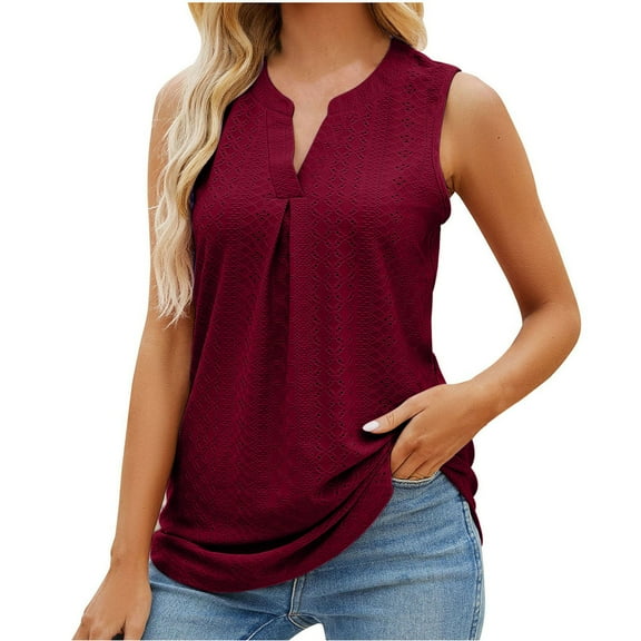 up to 60% off Gifts wycnly Womens Tank Tops Beach Lightweight Casual Hollowed Smocked Tunic Shirts Vest Summer Trendy Solid V-Neck Sleeveless Shirts Blouse Wine s