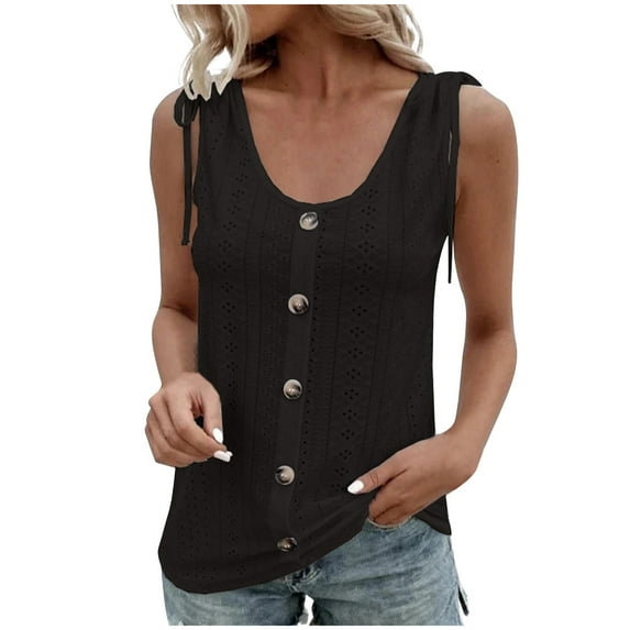 up to 60% off Gifts wycnly Womens Tank Tops Casual Button Down Breathable Comfy Hollowed Vest Shirts with Strappy Summer Trendy Solid Scoop Neck Sleeveless Shirts Blouse Black XL