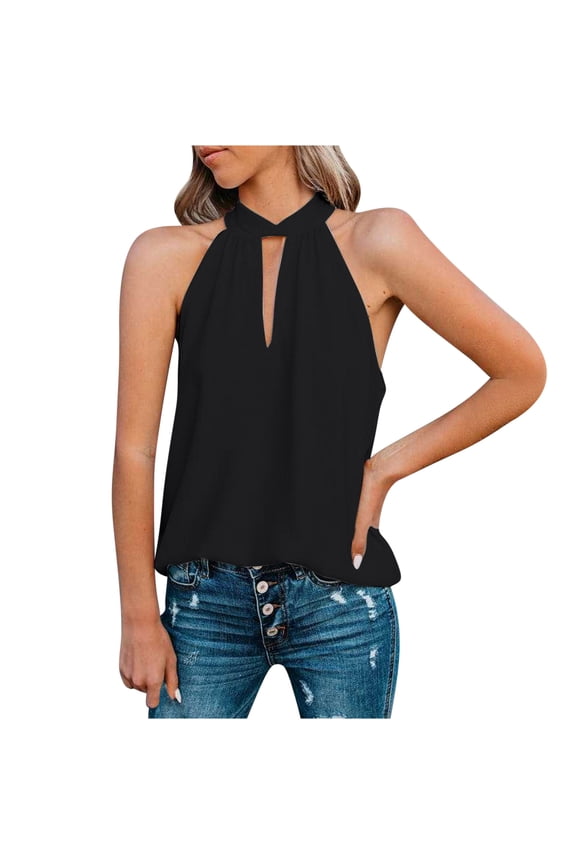 up to 60% off Gifts wycnly Womens Tank Tops Going out Sexy Keyhole off Shoulder Chiffon Shirts Vest Summer Trendy Solid Halter Sleeveless Shirts Blouse Black m