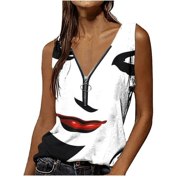 up to 60% off Gifts wycnly Womens Tank Tops Quarter Zipper Ladies Fashion 3D Print Tshirts Vest Summer Trendy Face Graphics V-Neck Sleeveless Shirts Blouse White XXL
