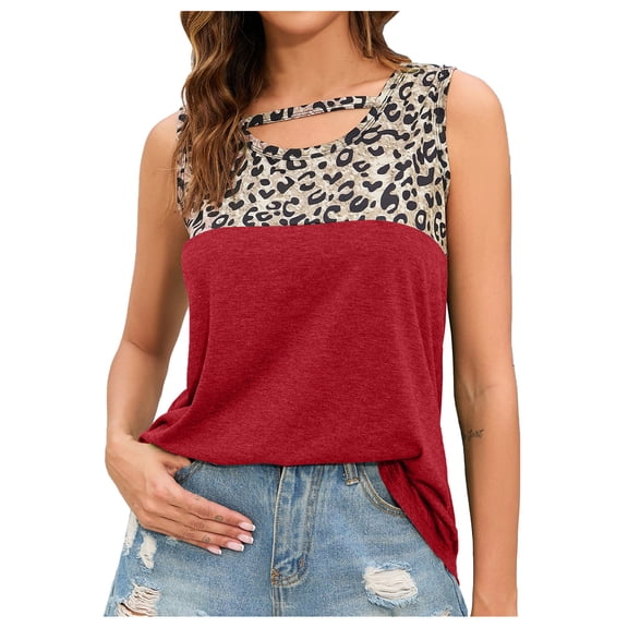 up to 60% off Gifts wycnly Womens Tank Tops Vintage Loose Fit Breathable Comfy Keyhole Tshirts Vest Summer Trendy Leopard Patchwork Crewneck Sleeveless Shirts Blouse Wine XL