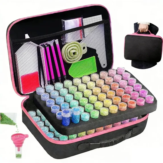 Large Capacity Diamond Art Storage Organizer with 120 Anti-Spill Containers, Complete Diamond Painting Kit Accessories & Tools for Craft Bead Nail Art, Portable Shockproof Case with Handle for Travel