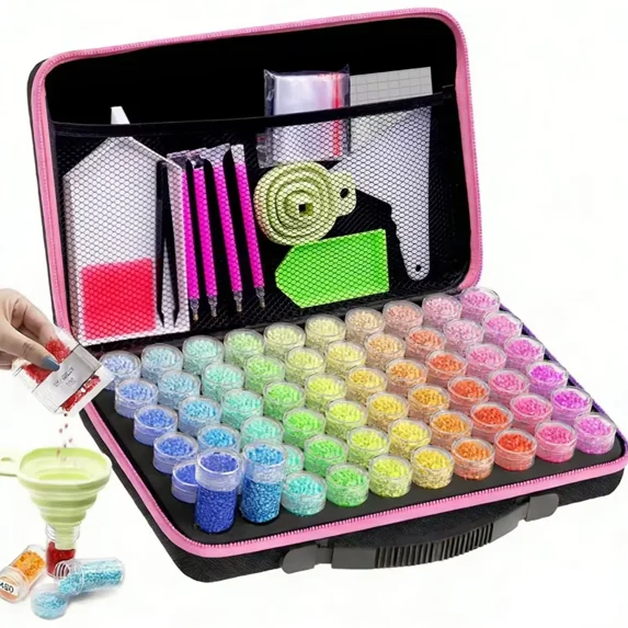 60-Grid Portable Diamond Art Storage Box with Spill-Proof Screw Lids & Anti-Collision Protection, Complete Craft Organizer Kit with Tools for Diamond Painting, Beading and DIY Creative Projects