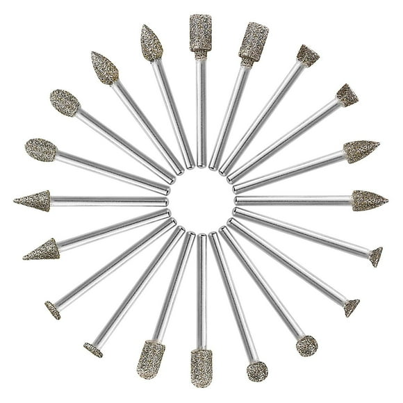 60 Grit 20Pcs Diamond Burr Set - GOXAWEE Rotary Grinding Burrs Drill Bits Set with 1/8-inch Shank, Diamond-Coated Stone Carving Accessories Bit Universal Fitment for Dremel Rotary Tools