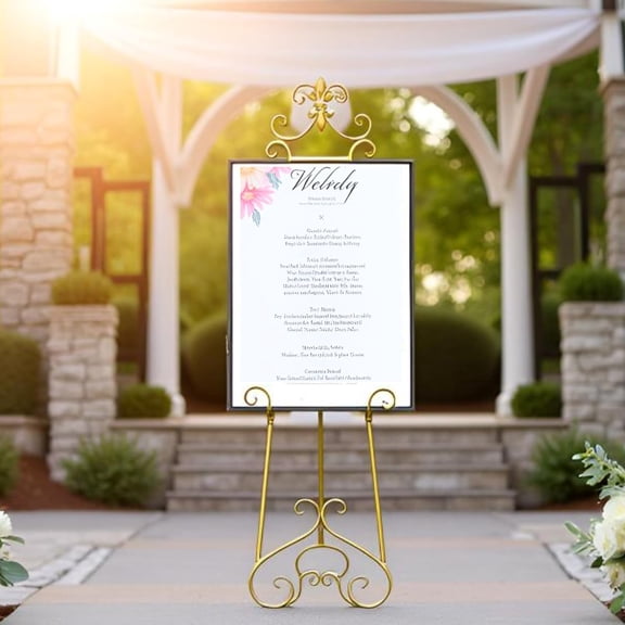 60" H Gold Easel Stand for Sign - Large Adjustable Metal Display Standing for Displaying Pictures Wedding Poster Holder Showcasing with Chain Support