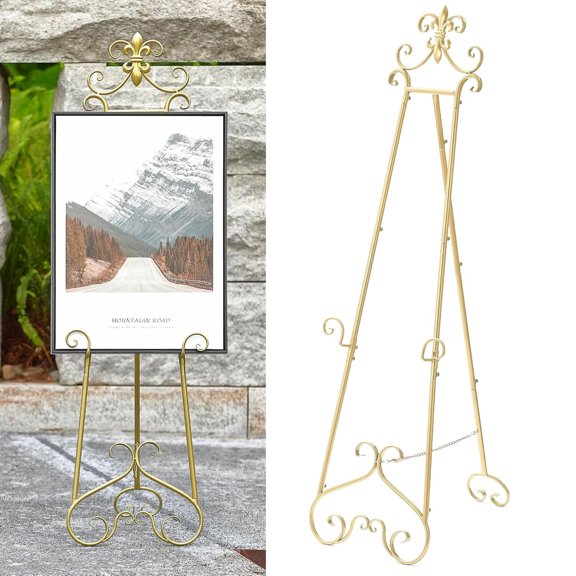 60 H Gold Easel Stand for Sign, Large Adjustable Metal Display Standing for Displaying Pictures Wedding Poster Holder Showcasing with Chain Support
