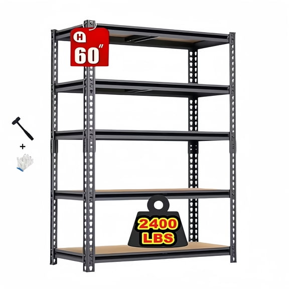 60''H Heavy Duty 5-Tier Metal Storage Shelves, Adjustable Shelving Rack, Home Free Standing Garage/Kitchen Shelf Units