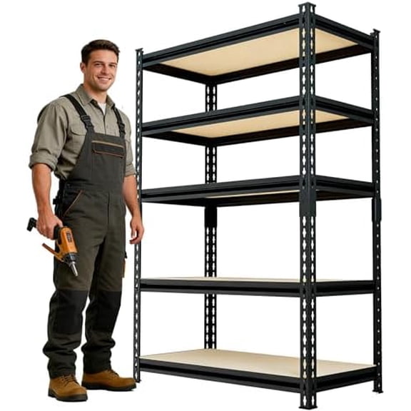 60" H x28 W x12 D: Father&I 5-Shelf-Storage-Rack Metal+Wood Garage/Kitchen Pantry Shelves Steel Utility Stand Shelving Unit Adjustable Heavy-Duty Shed Closet/Attic/Laundry Organizer, Black