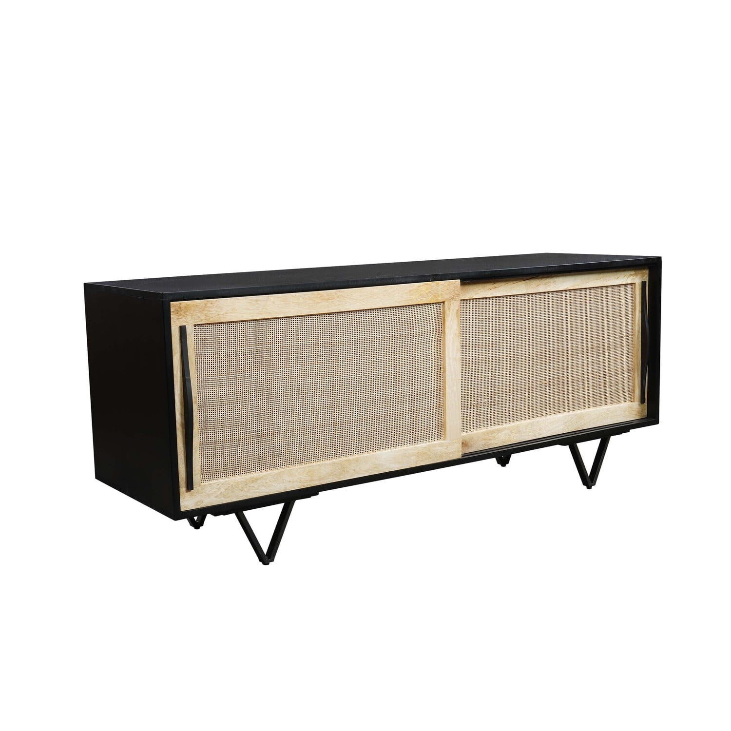 60" Black and Natural Wood TV Media Console with Cane Doors