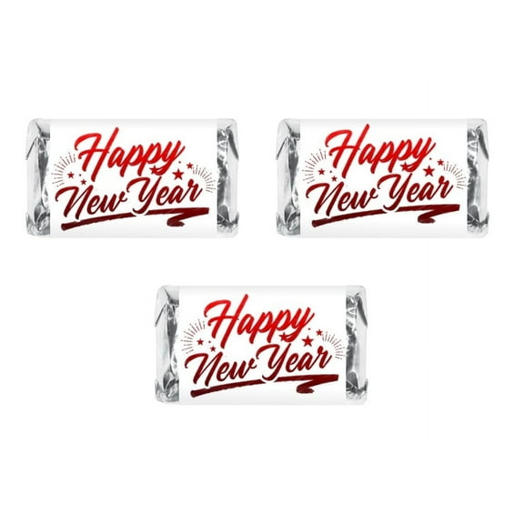 60 Happy New Year Miniatures Candy Bar Wrapper, Adorable Stickers for the Holiday Season, Party Decorations, Favors, Party Supplies. Candy Not Included. Made in USA
