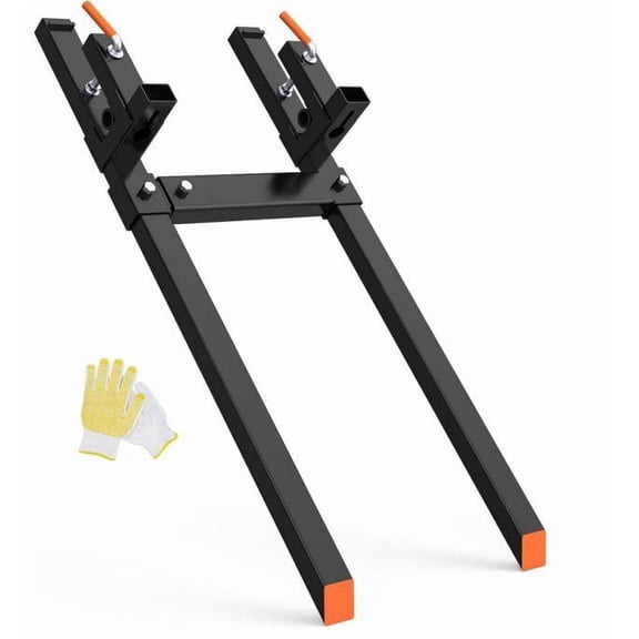 60" Heavy Duty Clamp-On Pallet Forks for Tractor Loader & Skid Steer – 2000lbs Capacity, Adjustable Stabilizer Bar, Quick Attach, Work Gloves Included, Black & Orange