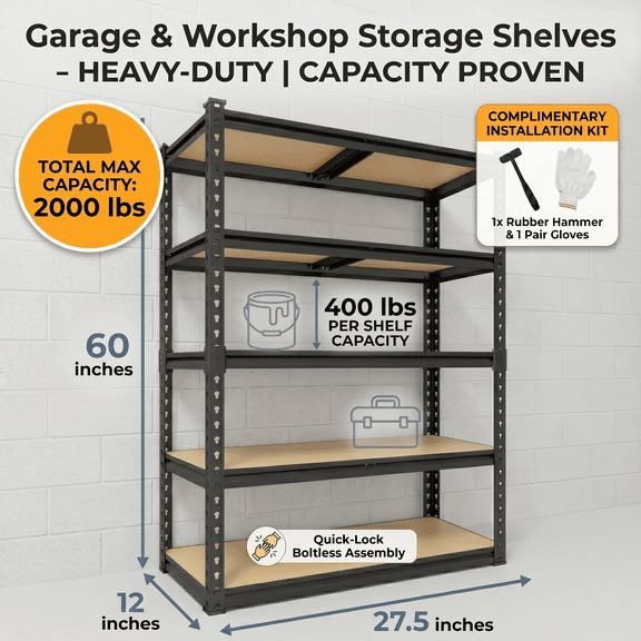 60" Heavy-Duty Garage Storage Shelves, 2000 Lbs Capacity Metal Rack with 5 Adjustable Wood Shelves, Easy Boltless Assembly, Perfect Multipurpose Organizer for Home, Workshop, Warehouse, And Kitch
