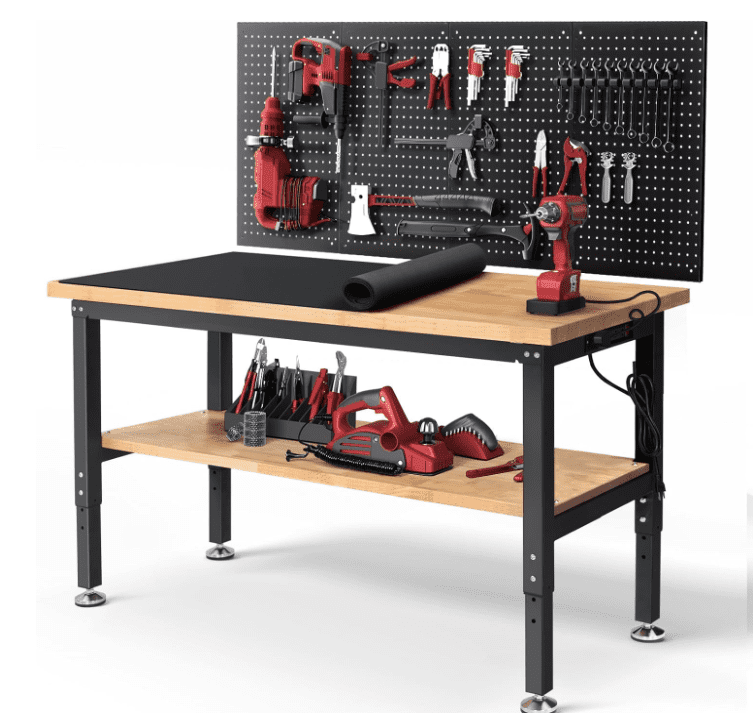 60" Heavy Duty Work Bench,Adjustable Height 28"-40" Max Load 2200 LBS with Storage for Garage Workbench,with Pegboard for Woodworking Shop Garage Home DIY Projects