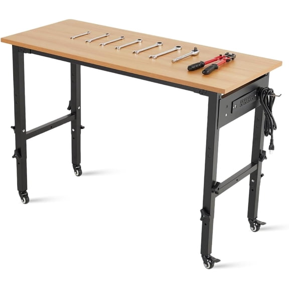 60 In Adjustable Workbench with Power Outlet 2200 lb Walnut Wood Table with Wheels for Garage