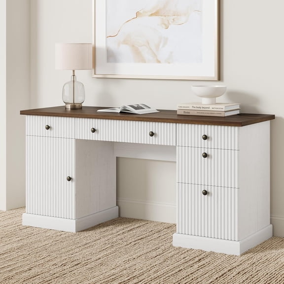 60 In Executive Desk with Charging Station and File Drawer Modern Walnut and White Computer Desk for Home Office