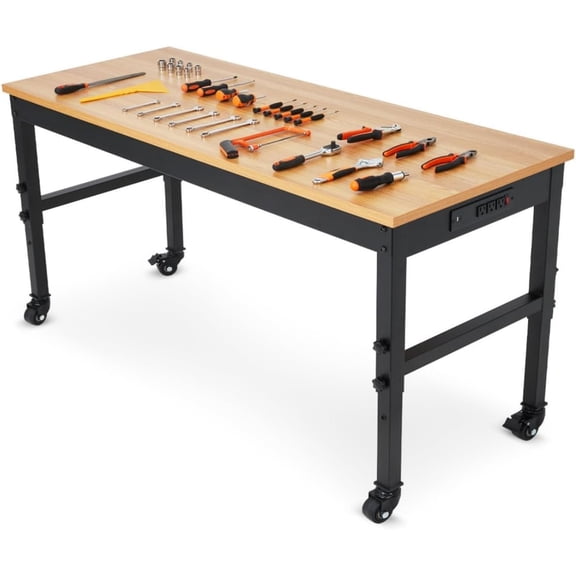 60 In Rolling Adjustable Workbench 2500 lb Rubberwood Top with Power Outlets for Garage