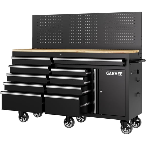 60 In Rolling Tool Chest 1750 LBS 10 Drawers Pegboard Charging Station Lockable