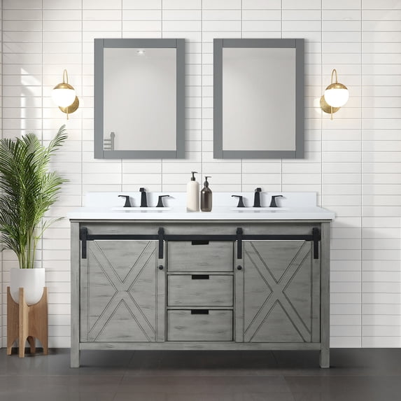 60 In. W Ash Grey Vanity, Marble Top And 24 Mirrors - Spacious Interior With Soft Close Functionality Double Bath Vanity Cultured Counter & Scratch Stain , Abundant Storage Space