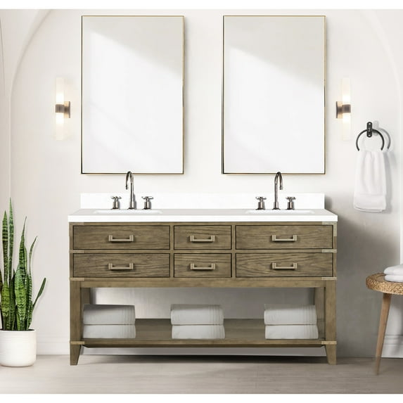 60 In. W Grey Oak Double Bath Vanity, Cultured Marble Top & 28" Mirrors - 4 Drawers And Open Cabinet For Enhanced Storage Practical Space, Soft Close Mechanism Optimal Storage, Close, Hand-polished