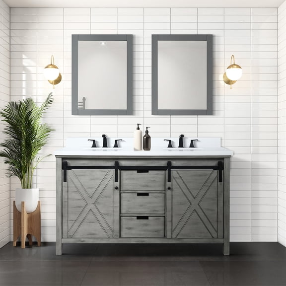 60 In. W X 22 D Ash Grey Double Bath Vanity - 24 Mirrors 2 Cabinets, 3 Drawers & Open Shelf For Fascinating Bathroom Design Charming Storage