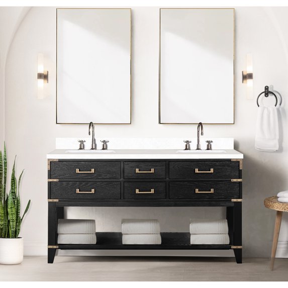 60 In. W X 22 D Black Oak Double Bathroom Vanity With Hand-polished White Quartz Top And Faucet - Four Drawer Open Cabinet Shelf Storage, Soft Close System Bath Drawers Provide Plentiful Storage