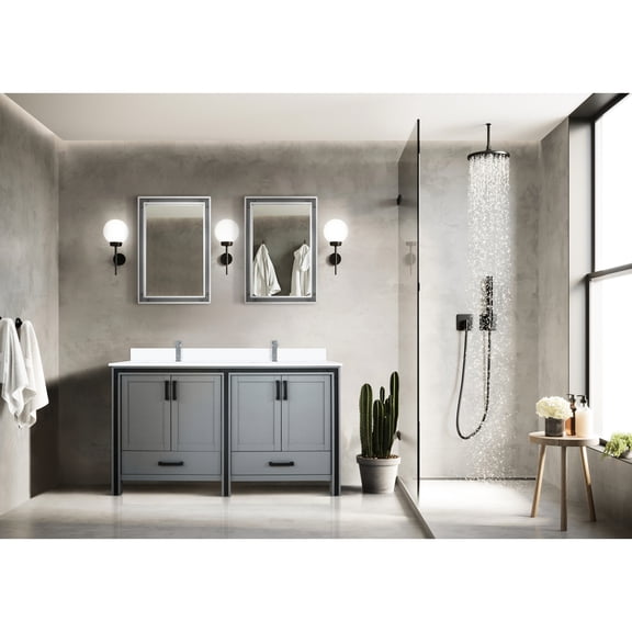 60 In. W X 22 D Dark Grey Double Bath Vanity With White Quartz Countertop, Faucet, Mirrors - Scratch And Stain Resistance For Longevity Top & A Comfortable Bathroom