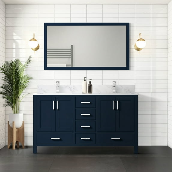 60 In. W X 22 D Navy Blue Vanity - Soft Close Feature Two Interior Cabinets And Six Drawers Solid Wood With E0 Plywood Fully Assembled Modern Doors Abundant Storage Cabinet