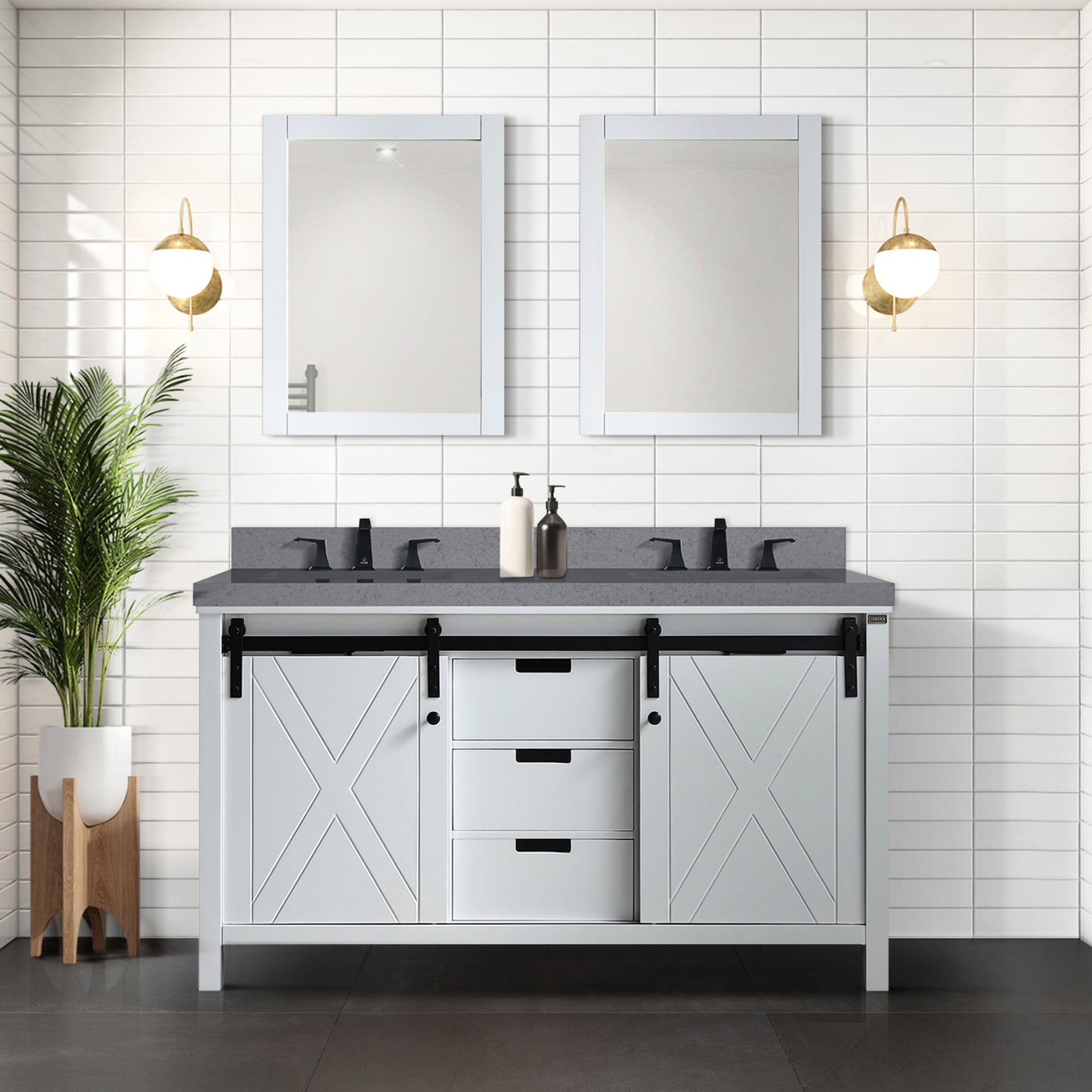 60 In. W X 22 D White Bath Vanity, 24 Mirrors - 2 Cabinets, 3 Drawers ...