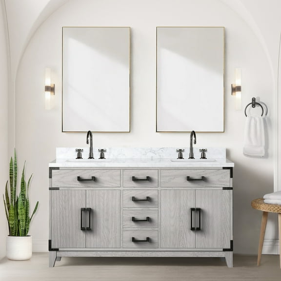 60 In. X 22 White Oak Bath Vanity With Marble Surface And Space Double In Top Exquisite Build Quality