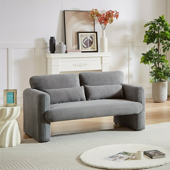 60" Inch 2 Seater Sectional Sofa, Corduroy Fabric Loveseat Couch, Futon Sofa with Support Pillow and Inlaid Armrest, Upholstered Sofa Couch with Deep Seating, for Living Room Bedroom Office, Grey