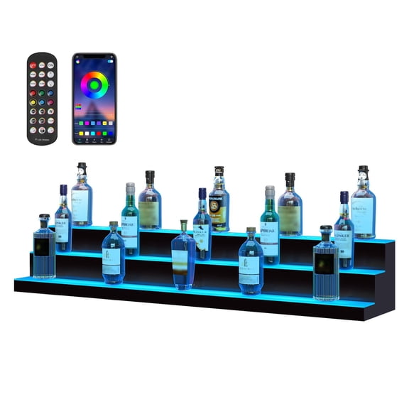 60 Inch 3-Tier Multicolor LED Acrylic Liquor Display Stand, RF Remote & App Controlled Lighted Bar Rack Commercial Whiskey Storage