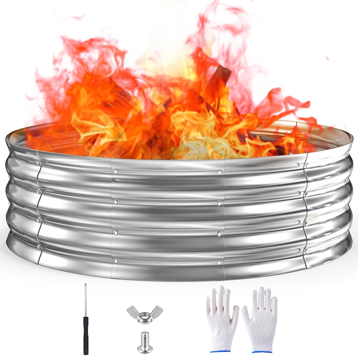 60-Inch 5-Foot Galvanized Steel Fire Pit Ring, 12-Inch Raised Heavy Duty with Spark Guard