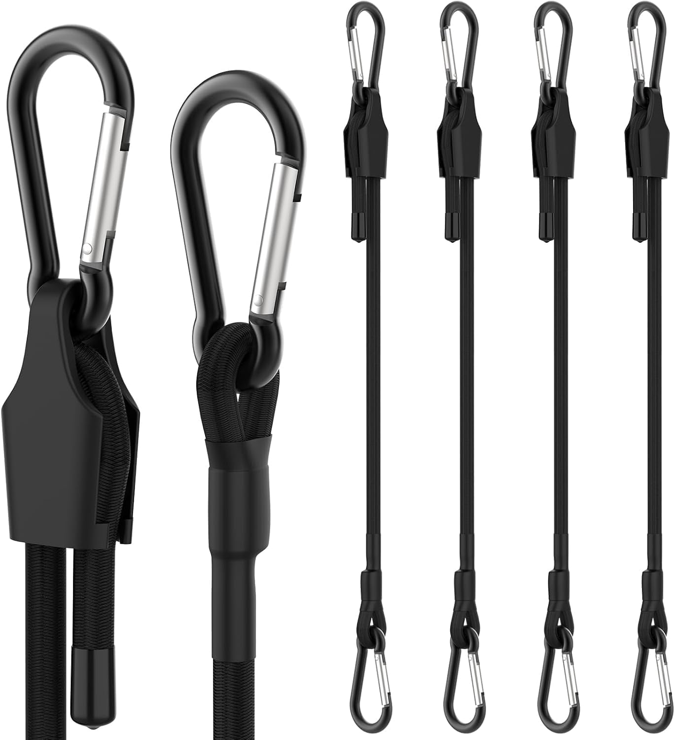 60 Inch Adjustable Bungee Cords with Carabiner Hooks, 4 Pack Heavy Duty Outdoor Super Elastic Bungee Straps Easily Adjust from 8" to 64" for Cargo, Bike, Luggage, Carts, Truck