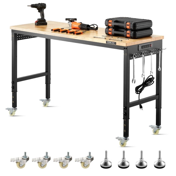 60-Inch Adjustable Workbench, 2000 lbs Load, Work Bench with Power Outlet, Wheels, and Pegboard, Heavy Duty Oak Wood Top Work Table for Garage, Workshop, Office, and Home