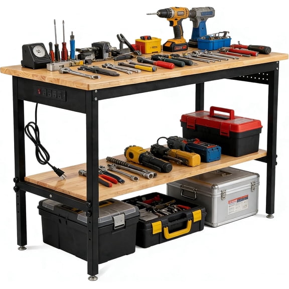 60 Inch Adjustable Workbench with Power Outlet, 2500 LBS Heavy Duty Double-Layer Workbench with Hardwood Top, 6-Level Height Adjustable Garage Work Table with Wheels, Rolling Workstation for Workshop