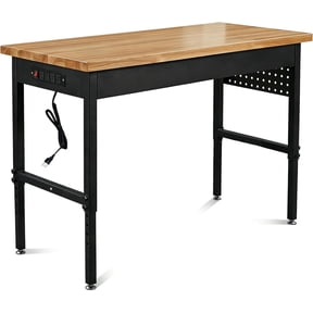 60 Inch Adjustable Workbench with Power Outlet, 2500 LBS Heavy Duty Workbench with Hardwood Top, 6-Level Height Adjustable Garage Work Table with Wheels, Rolling Workstation for Workshop